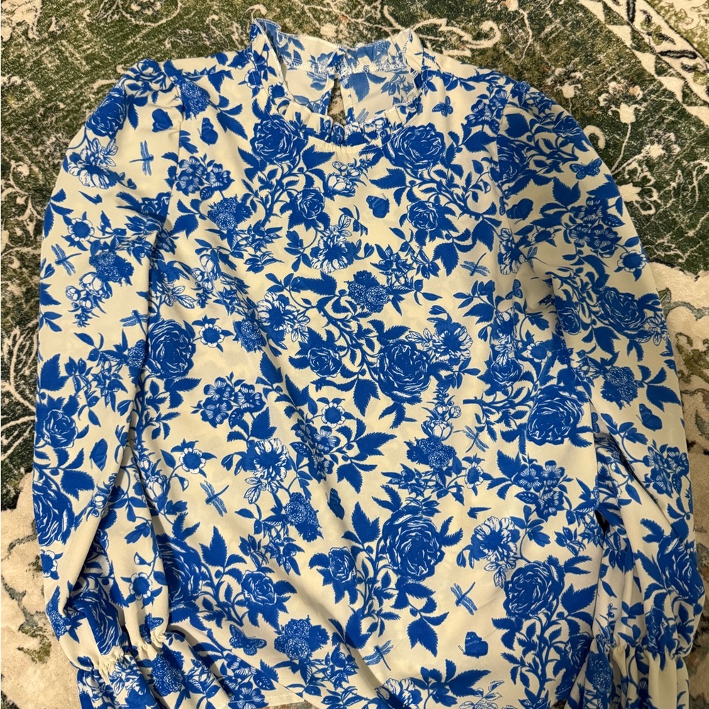 SHEIN Blue and White Floral Blouse
